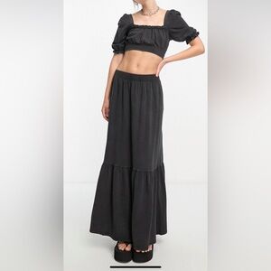 Miss Selfridge @ ASOS tiered seersucker maxi skirt in washed black. Size 10.